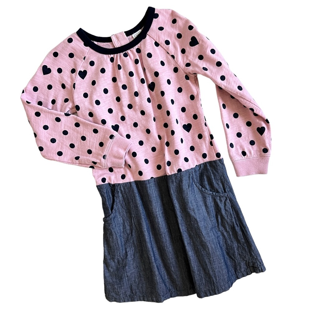 GAP Kids Pink Blue Heart & Polka Dot Dress Denim Skirt Cotton Long Sleeve Sz 5T